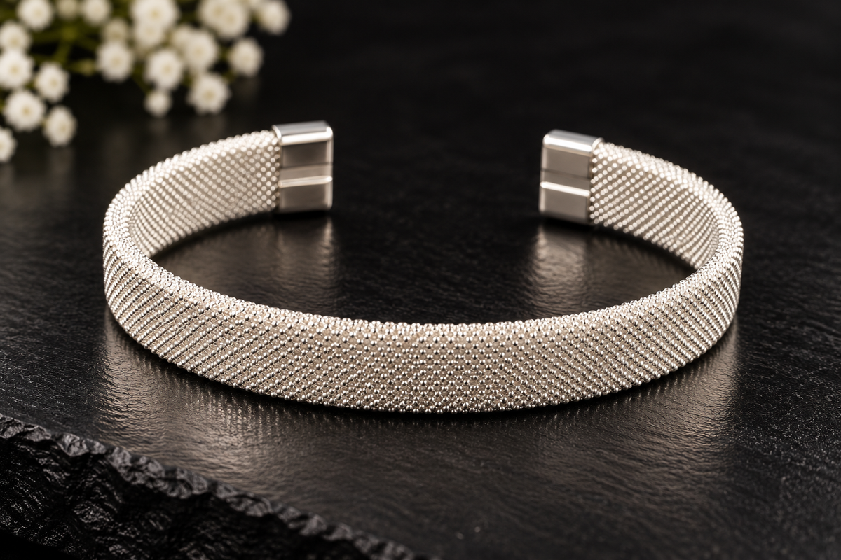 Silver Textured Mesh Cuff Bracelet