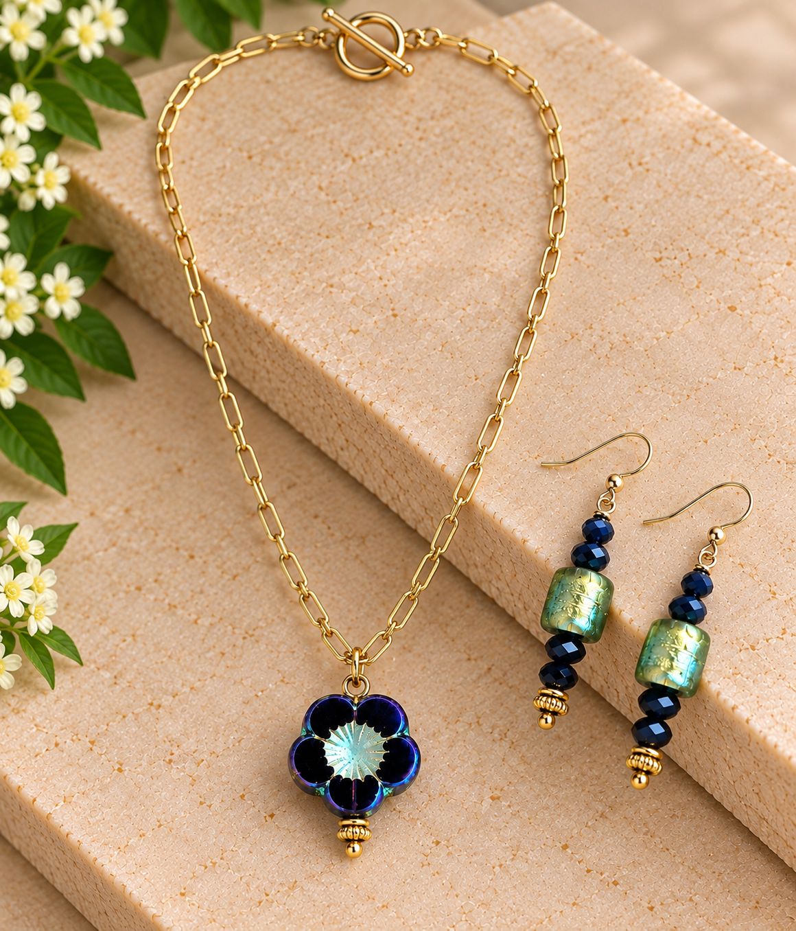 Czech Glass Floral Necklace & Earring Set