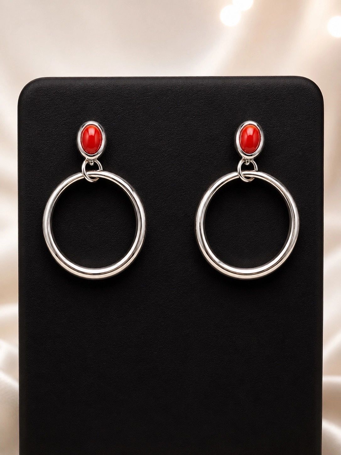 Silver-Tone Hoop Drop Earrings with Red Cabochon Accent