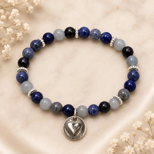 Blue Natural Stone Stretch Bracelet with Love Charm