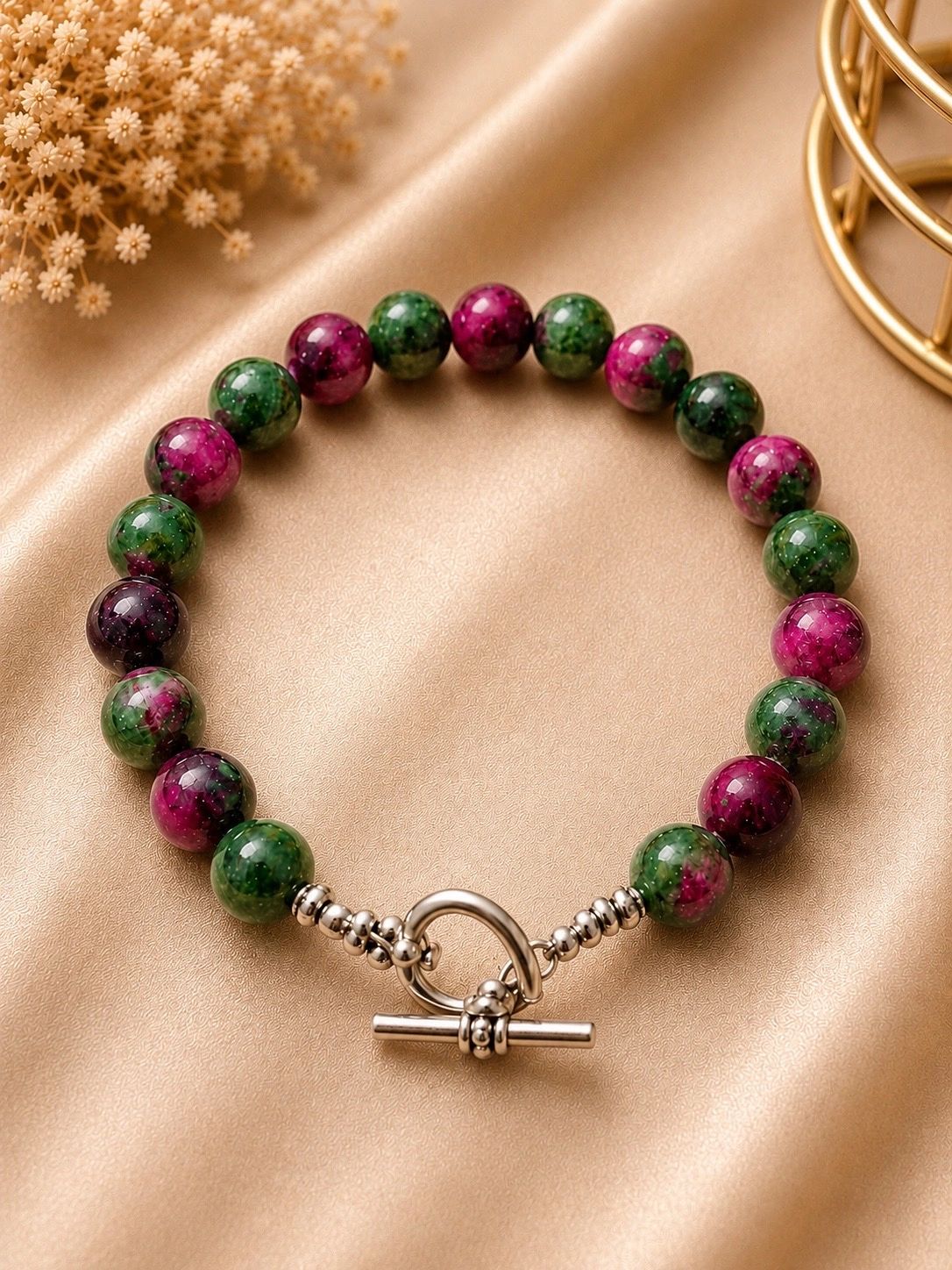Pink & Green Gemstone Toggle Bracelet