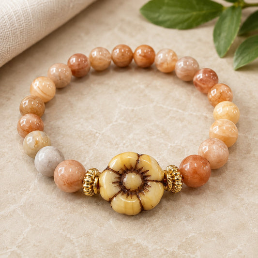 🌼 10mm Golden Peach Agate Flower Bracelet