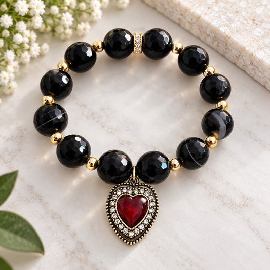 Ruby Heart Black Agate Bracelet