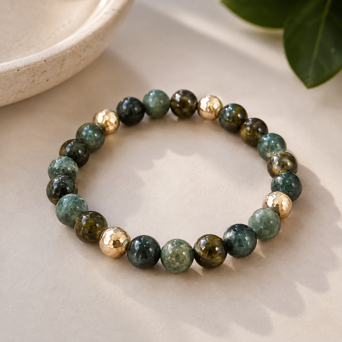 Evergreen Agate & Gold Beaded Bracelet