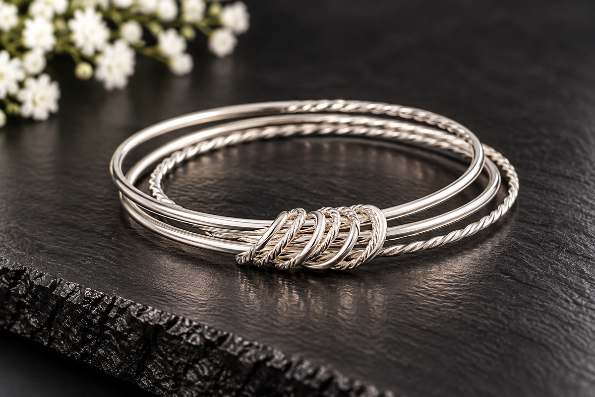 Silver Mixed-Texture Interlocking Bangle Set