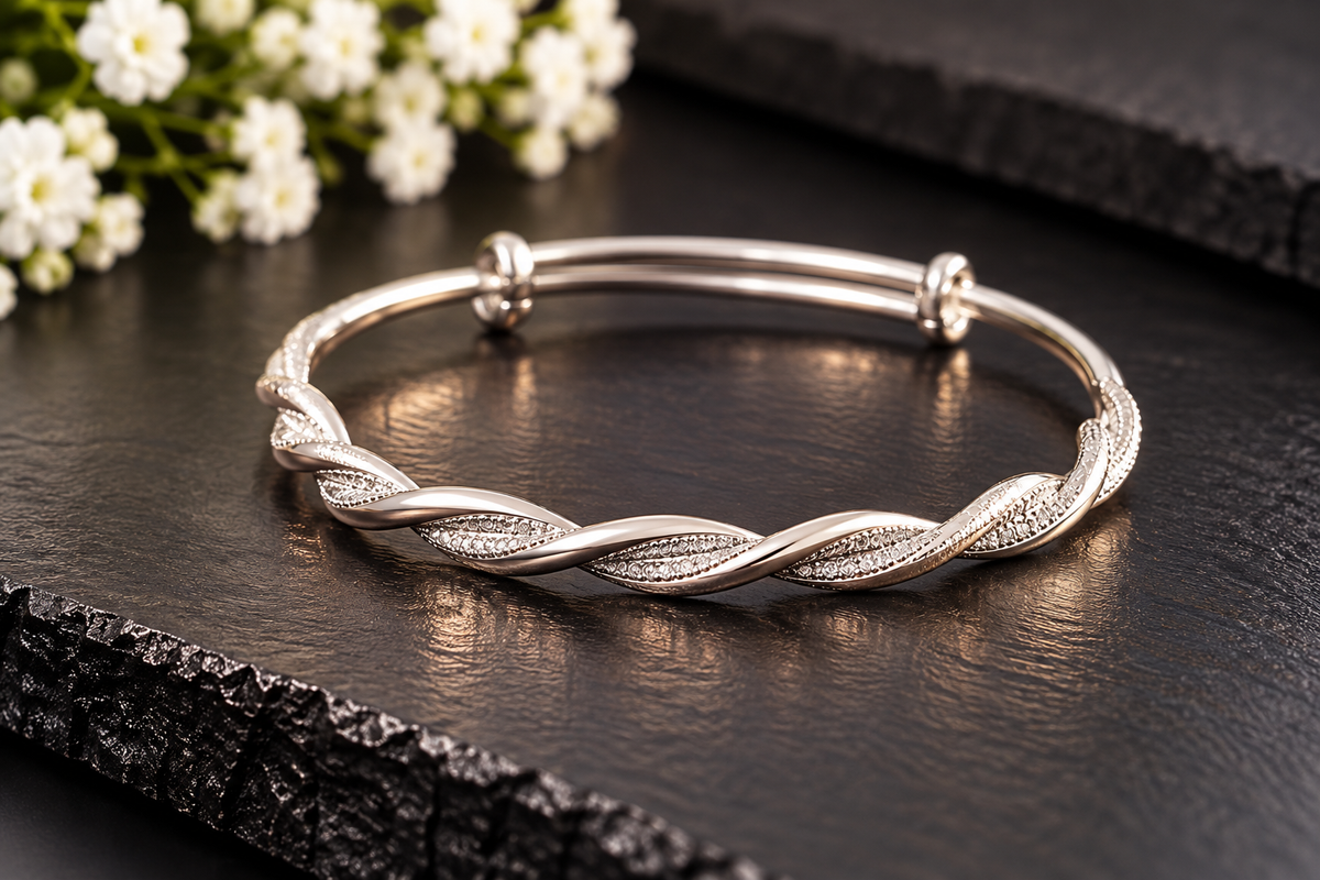 Silver Braided Twist Bangle Bracelet