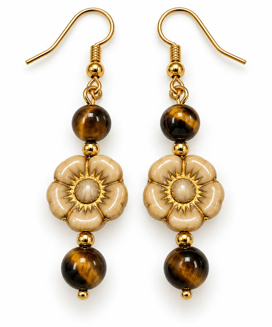 Golden Tiger’s Eye Czech Glass Flower Earrings
