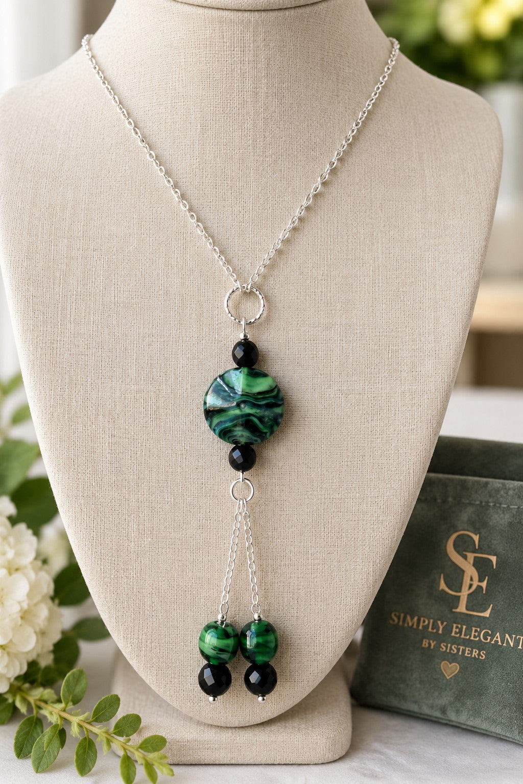 Handcrafted Green Lamp work & Black Crystal Drop Necklace
