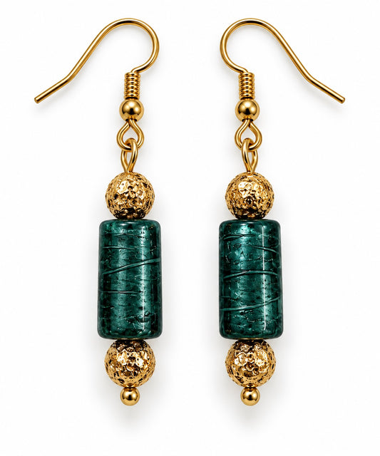 Emerald Glow Lampwork & Lava Stone Earrings