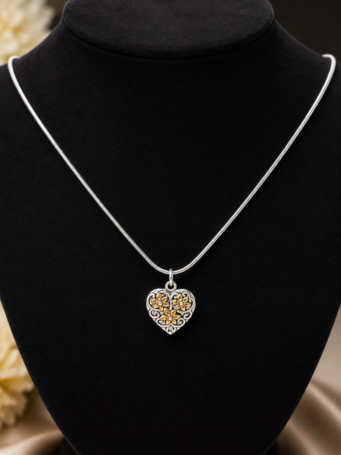 Sterling Silver Floral Heart Necklace