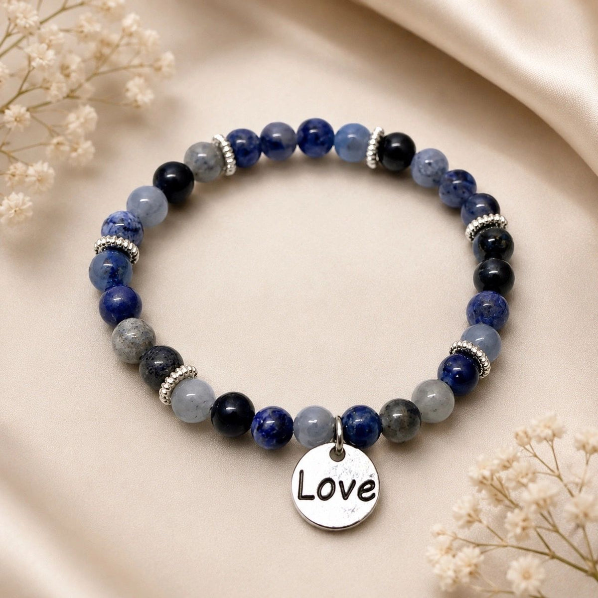 Blue Natural Stone Stretch Bracelet with Love Charm