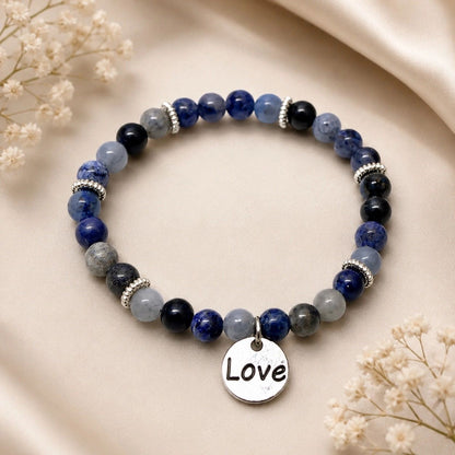 Blue Natural Stone Stretch Bracelet with Love Charm