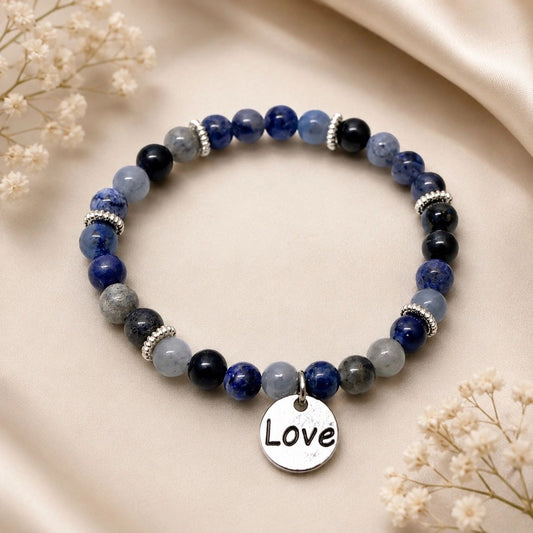 Blue Natural Stone Stretch Bracelet with Love Charm