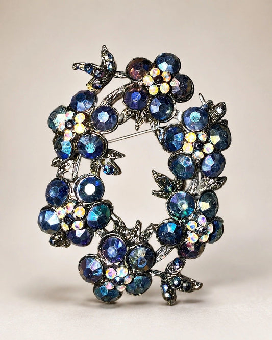 Midnight Blue Crystal Floral Wreath Brooch