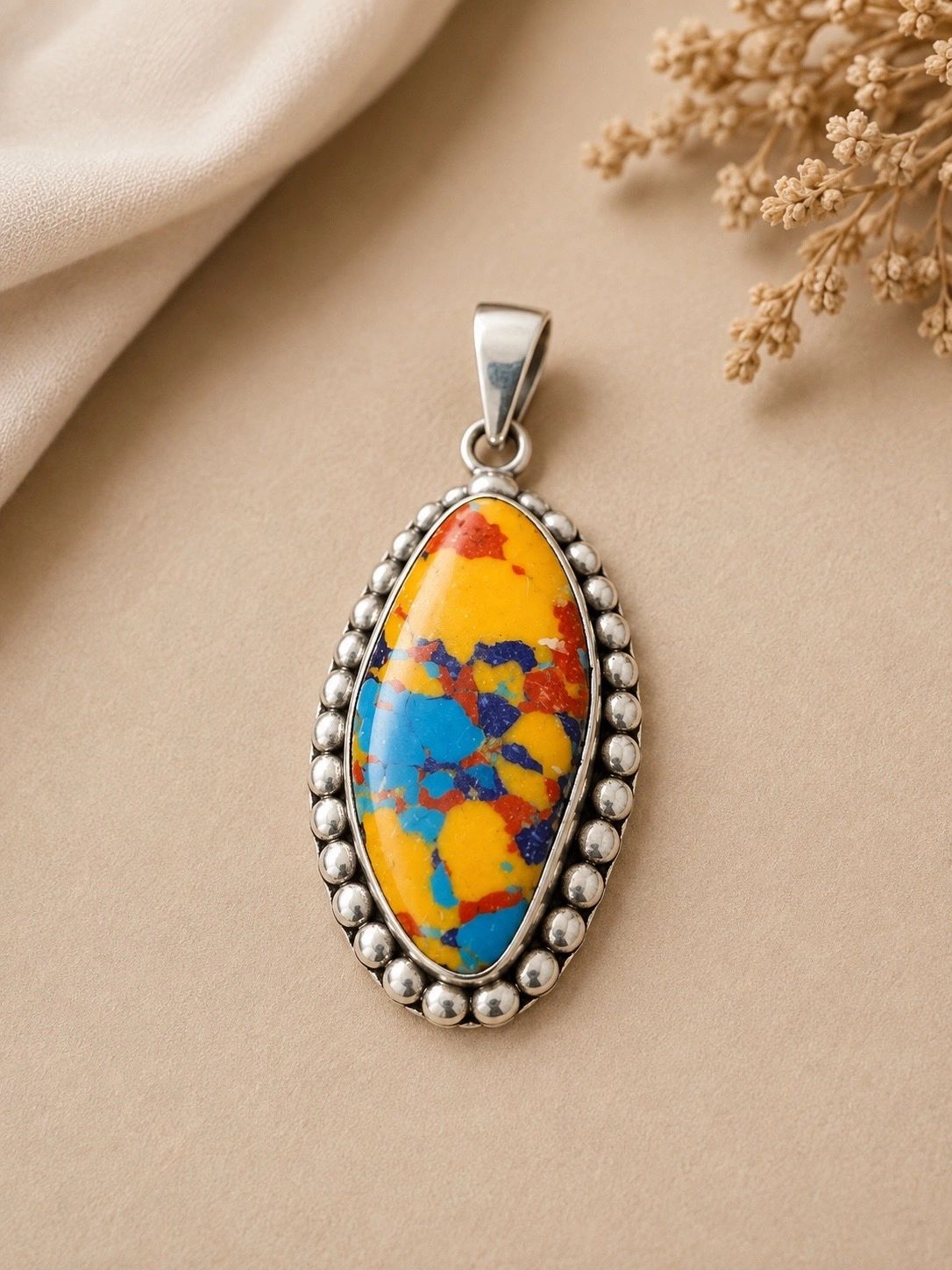 Multicolor Mosaic Stone & Sterling Silver Pendant