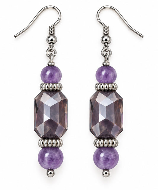 Lavender Smoke Czech Glass & Amethyst Earrings